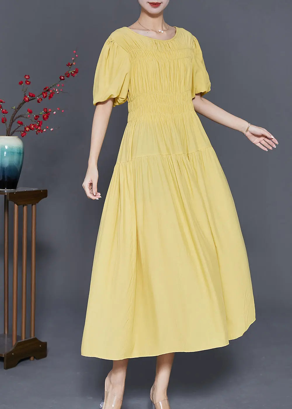 Art Yellow Cinched Exra Large Hem Cotton Party Dress Summer Ada Fashion