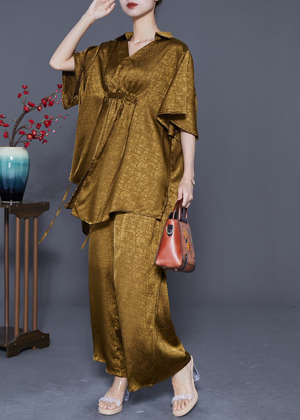 Art Yellow Cinched Low High Design Silk Two Pieces Set Summer LY5376 - fabuloryshop