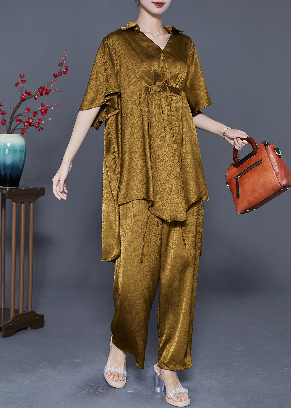 Art Yellow Cinched Low High Design Silk Two Pieces Set Summer LY5376 - fabuloryshop