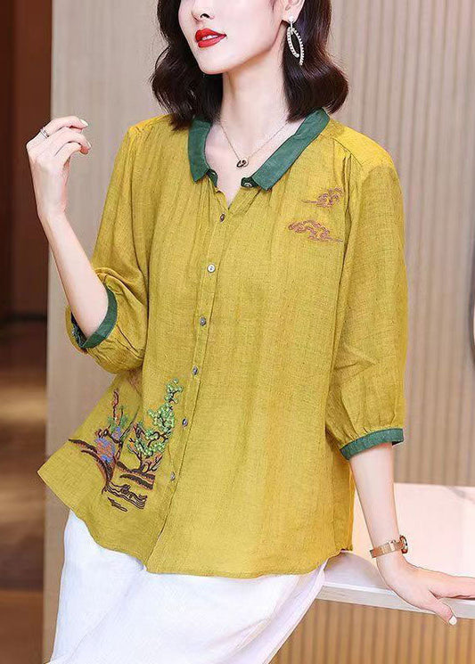 Art Yellow Embroideried Button Patchwork Linen Shirt Tops Summer TP1023 - fabuloryshop