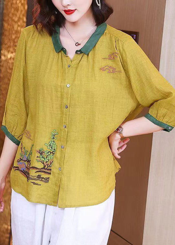 Art Yellow Embroideried Button Patchwork Linen Shirt Tops Summer TP1023 - fabuloryshop