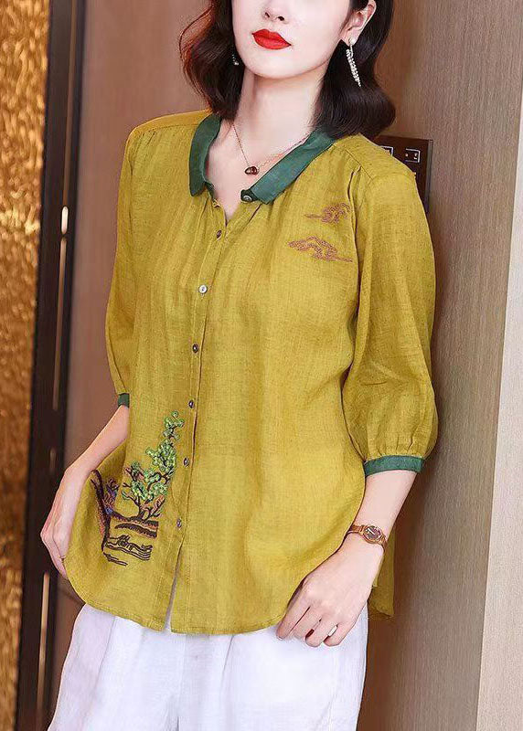 Art Yellow Embroideried Button Patchwork Linen Shirt Tops Summer TP1023 - fabuloryshop