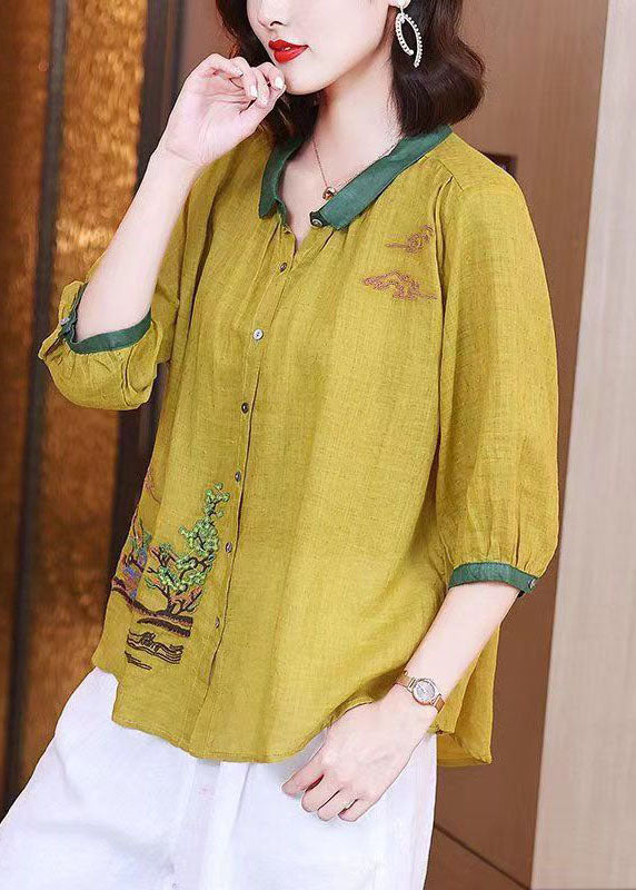 Art Yellow Embroideried Button Patchwork Linen Shirt Tops Summer TP1023 - fabuloryshop