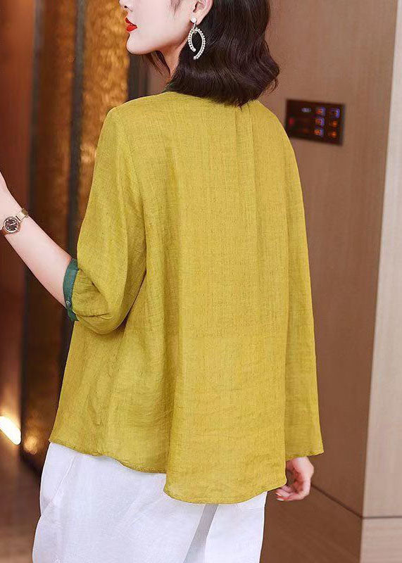 Art Yellow Embroideried Button Patchwork Linen Shirt Tops Summer TP1023 - fabuloryshop