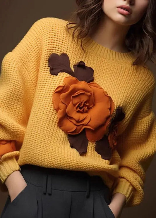 Art Yellow Floral  Cozy Cotton Knit Tops Fall Ada Fashion