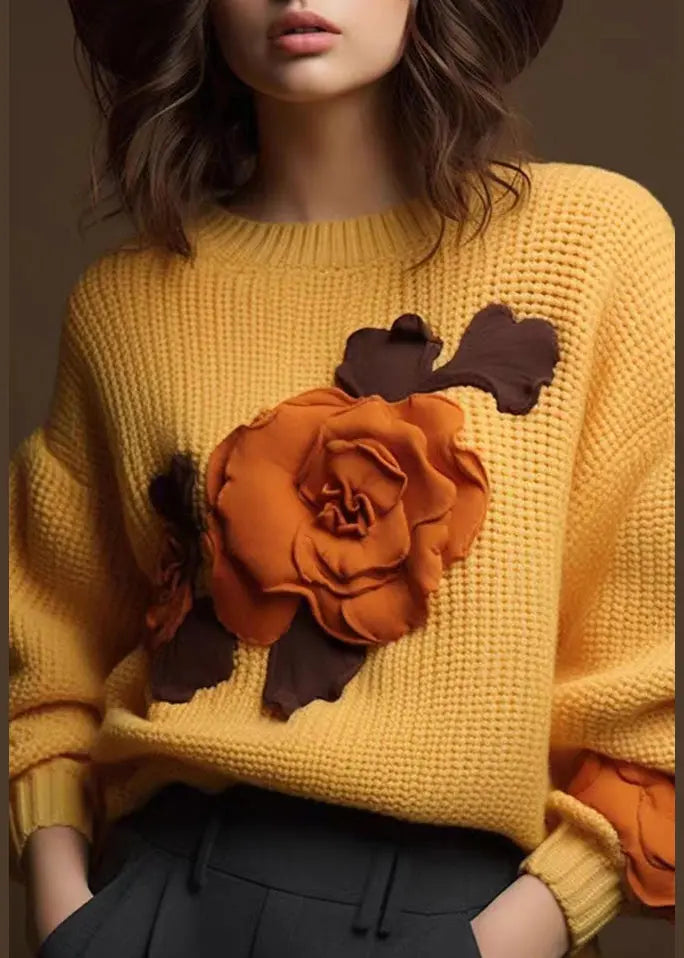 Art Yellow Floral  Cozy Cotton Knit Tops Fall Ada Fashion