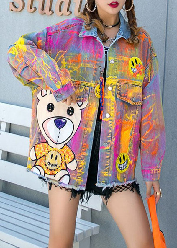 Art Yellow Graphic Zircon Nail Bead Patchwork Denim Coat Spring LY5255 - fabuloryshop