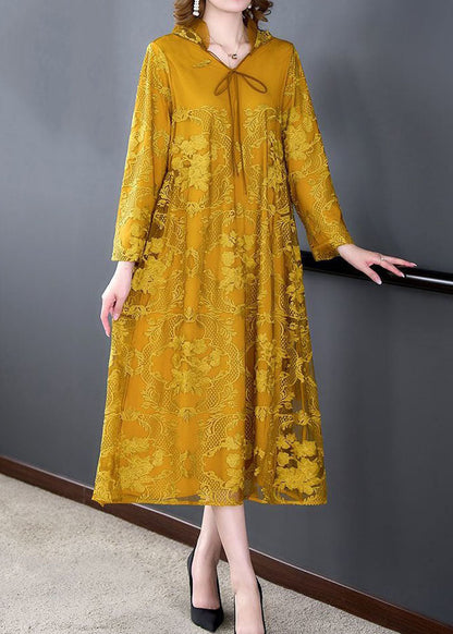 Art Yellow Hooded Embroideried Patchwork Silk Dress Spring LY4614 - fabuloryshop