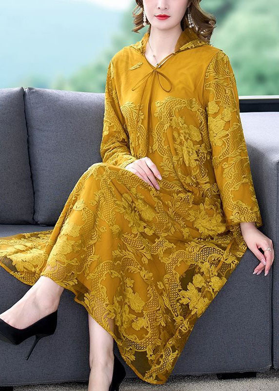 Art Yellow Hooded Embroideried Patchwork Silk Dress Spring LY4614 - fabuloryshop