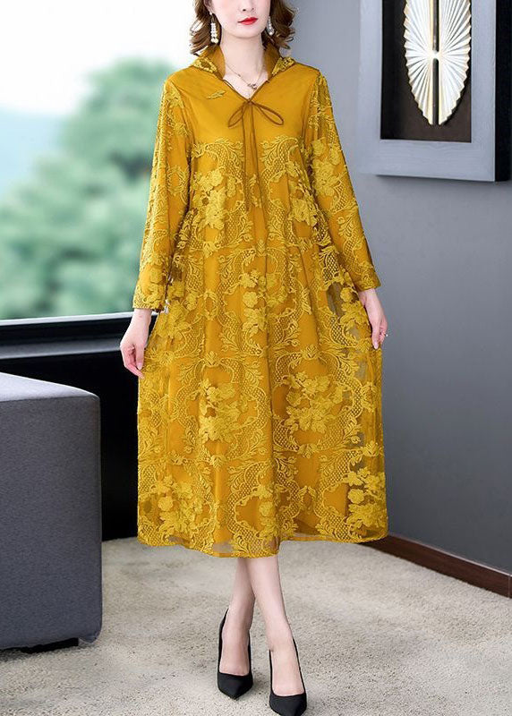 Art Yellow Hooded Embroideried Patchwork Silk Dress Spring LY4614 - fabuloryshop