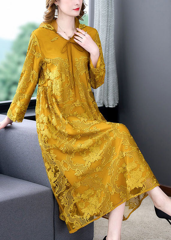 Art Yellow Hooded Embroideried Patchwork Silk Dress Spring LY4614 - fabuloryshop