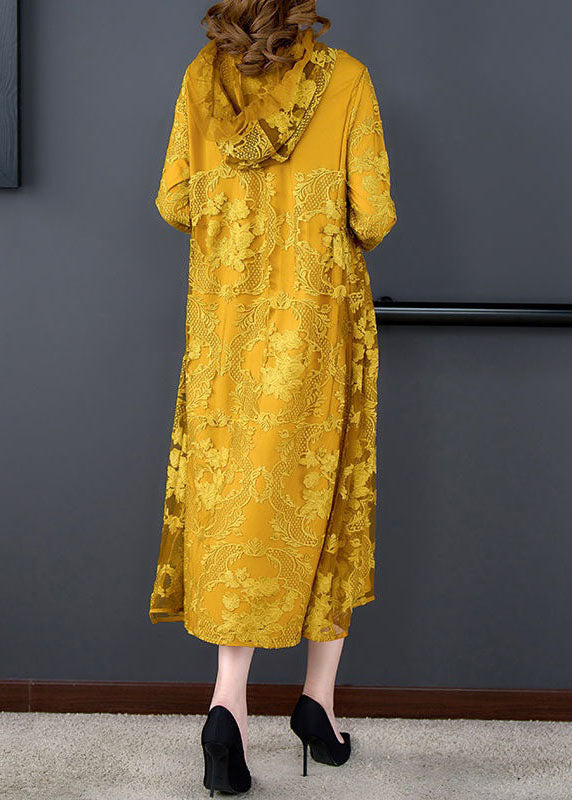 Art Yellow Hooded Embroideried Patchwork Silk Dress Spring LY4614 - fabuloryshop