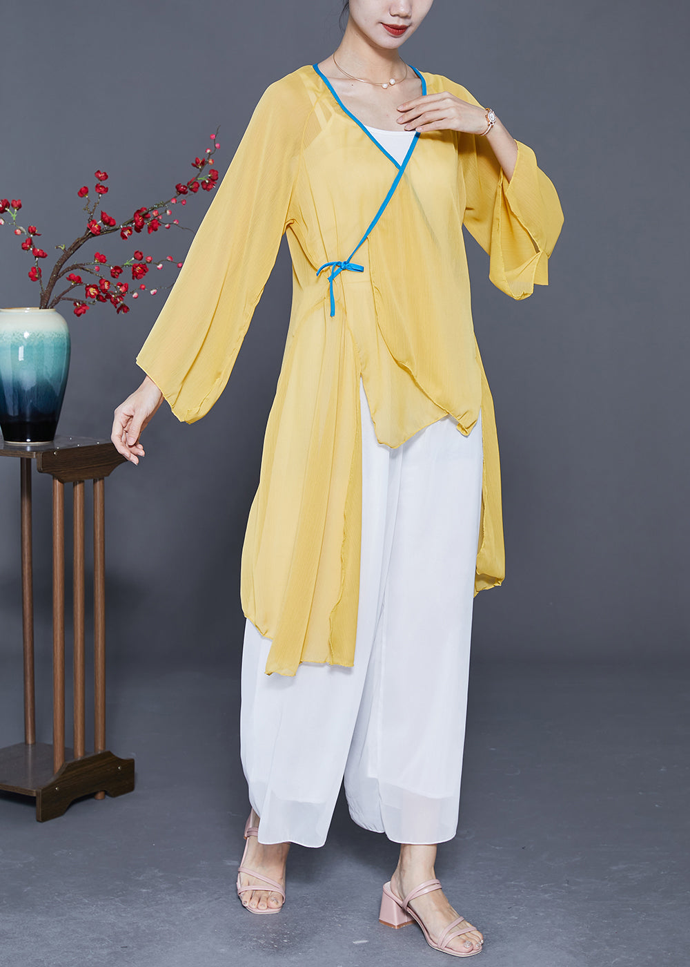 Art Yellow Lace Up Low High Design Chiffon Tops Summer LY4166 - fabuloryshop