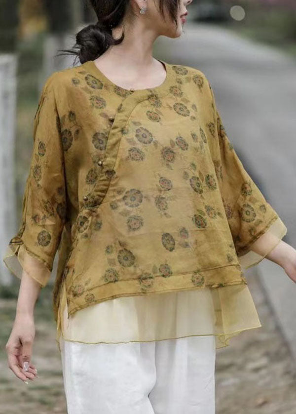 Art Yellow O Neck Print Organza Patchwork Linen Top Summer LY4020 - fabuloryshop