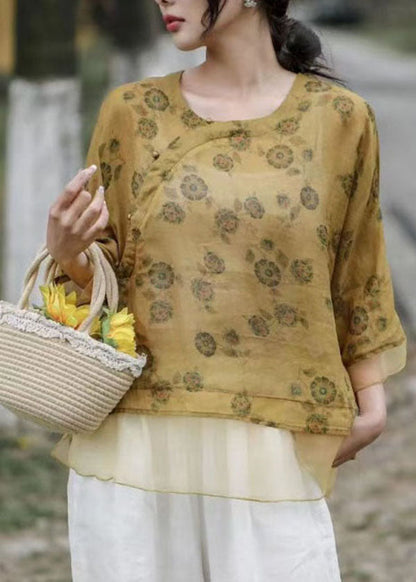 Art Yellow O Neck Print Organza Patchwork Linen Top Summer LY4020 - fabuloryshop