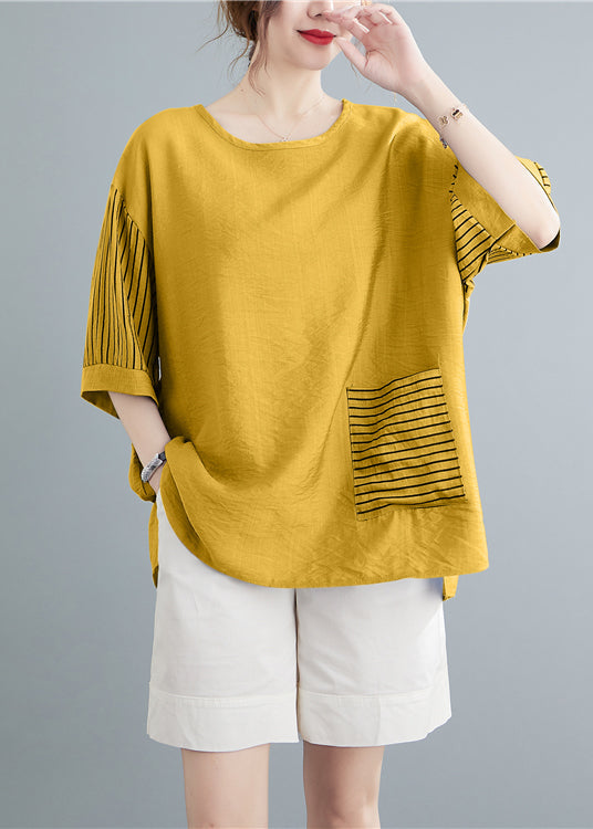 Art Yellow Oversized Patchwork Striped Pocket Cotton Blouse Top Half Sleeve LY2373 - fabuloryshop