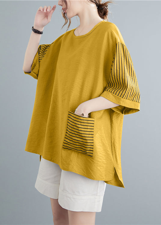 Art Yellow Oversized Patchwork Striped Pocket Cotton Blouse Top Half Sleeve LY2373 - fabuloryshop