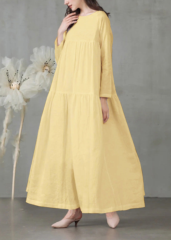 Art Yellow Patchwork Solid Loose Linen Dress Long Sleeve LC0011 - fabuloryshop