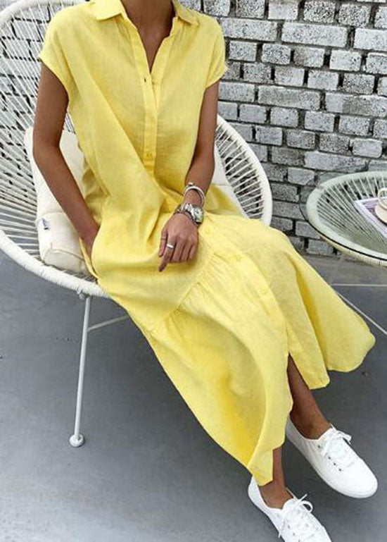 Art Yellow Peter Pan Collar Wrinkled Patchwork Cotton Shift Dress Summer LY2085 - fabuloryshop