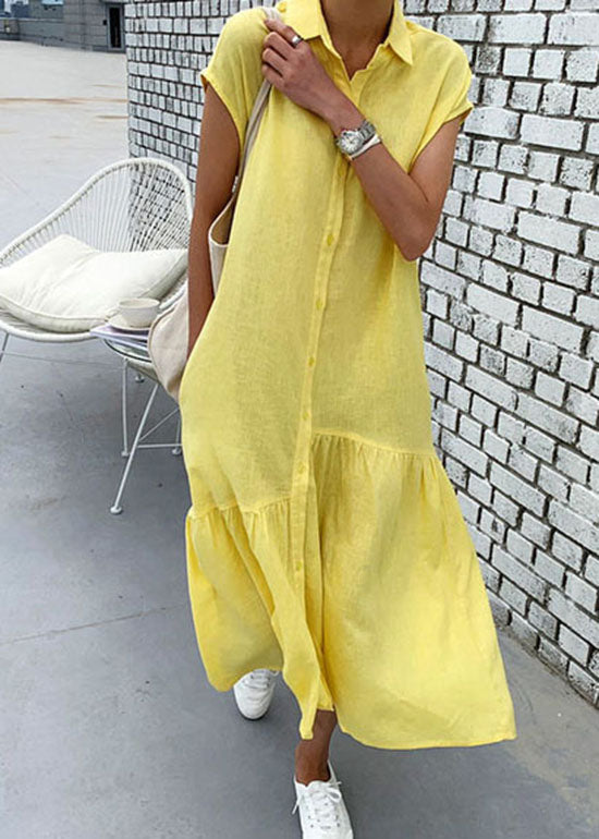 Art Yellow Peter Pan Collar Wrinkled Patchwork Cotton Shift Dress Summer LY2085 - fabuloryshop