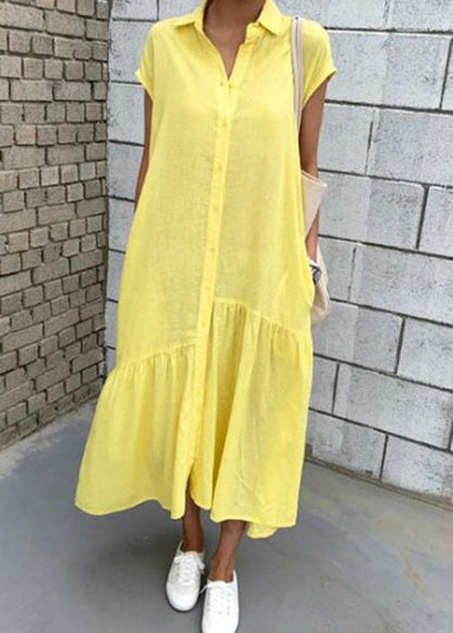 Art Yellow Peter Pan Collar Wrinkled Patchwork Cotton Shift Dress Summer LY2085 - fabuloryshop