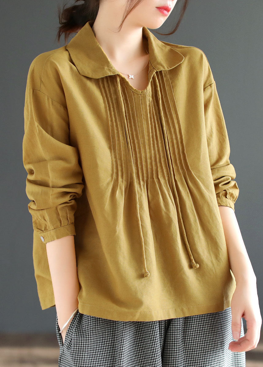 Art Yellow Peter Pan Collar Wrinkled Patchwork Cotton Shirt Top Spring LY6158 - fabuloryshop