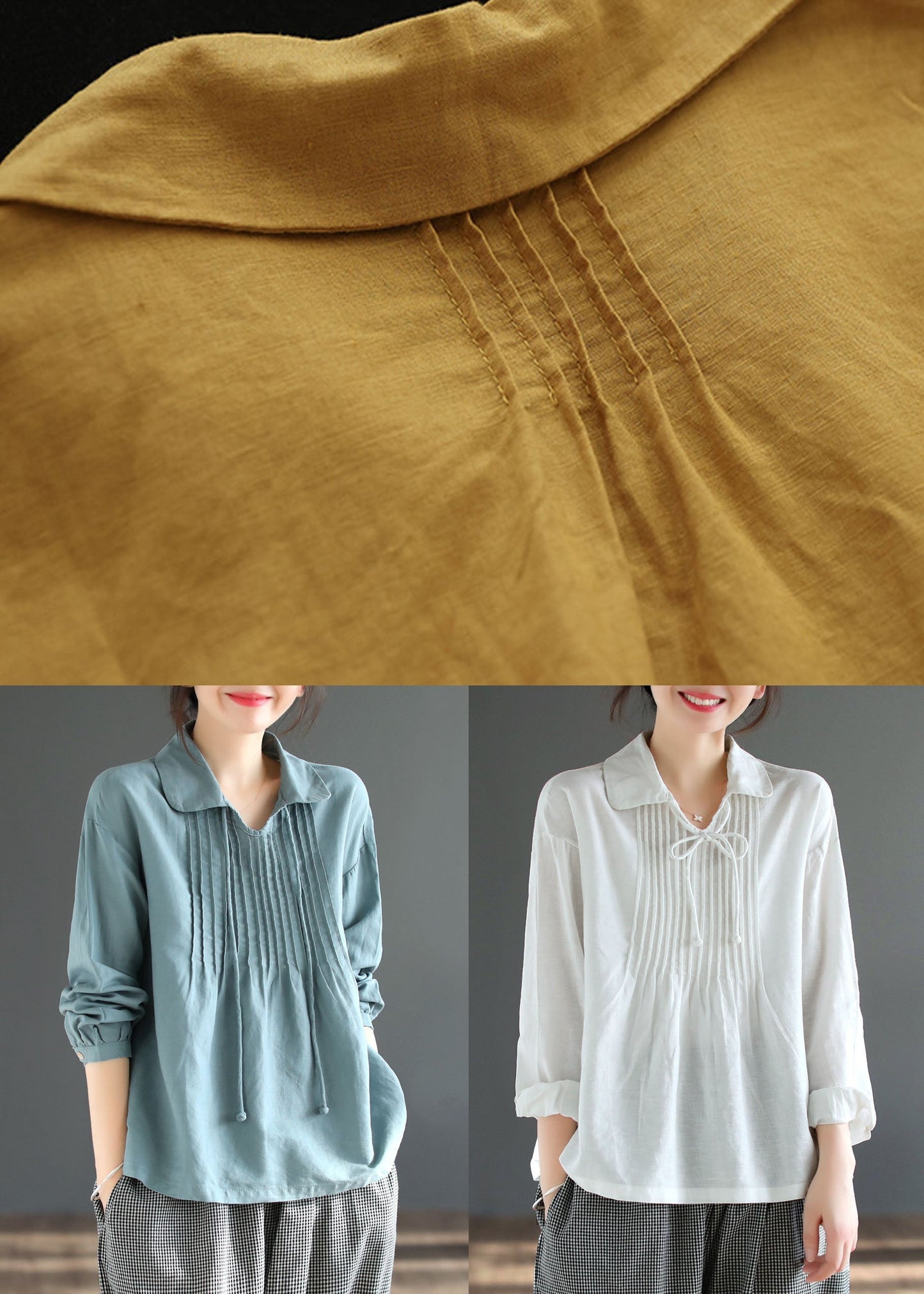 Art Yellow Peter Pan Collar Wrinkled Patchwork Cotton Shirt Top Spring LY6158 - fabuloryshop