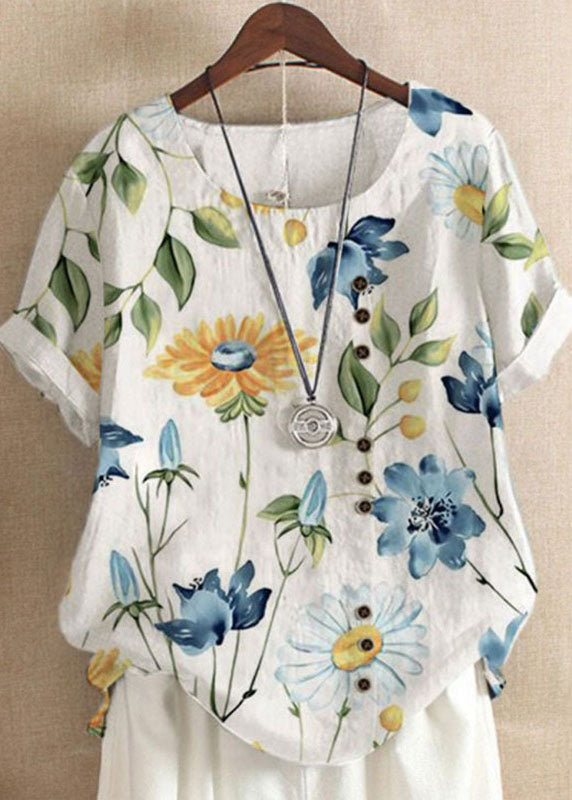 Art Yellow Print O Neck Patchwork Linen T Shirts Top Summer Ada Fashion