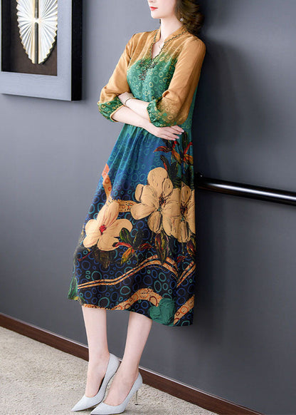 Art Yellow Stand Collar Print Wrinkled Patchwork Silk Dress Summer LY5985 Ada Fashion