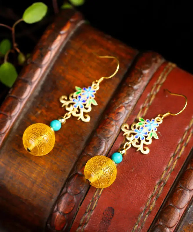 Art Yellow Sterling Silver Inlaid Amber Turquoise Floral Drop Earrings Ada Fashion
