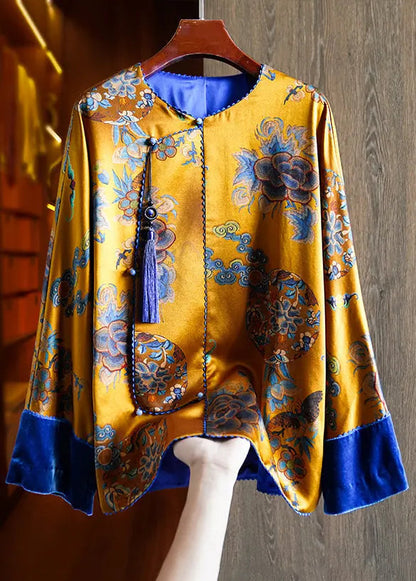 Art Yellow Tasseled Print Patchwork Silk Shirts Fall Ada Fashion