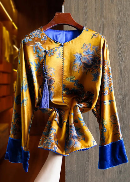 Art Yellow Tasseled Print Patchwork Silk Shirts Fall Ada Fashion