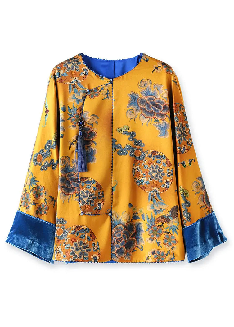 Art Yellow Tasseled Print Patchwork Silk Shirts Fall Ada Fashion