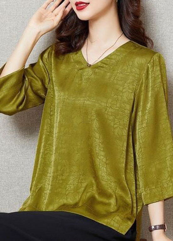 Art Yellow V Neck Patchwork Silk Blouse Top Bracelet Sleeve LY4598 - fabuloryshop