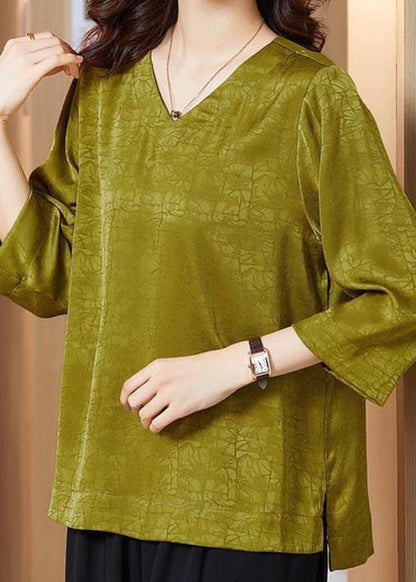 Art Yellow V Neck Patchwork Silk Blouse Top Bracelet Sleeve LY4598 - fabuloryshop