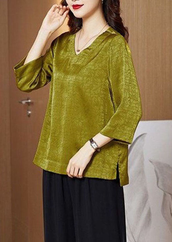 Art Yellow V Neck Patchwork Silk Blouse Top Bracelet Sleeve LY4598 - fabuloryshop