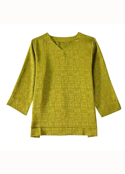 Art Yellow V Neck Patchwork Silk Blouse Top Bracelet Sleeve LY4598 - fabuloryshop