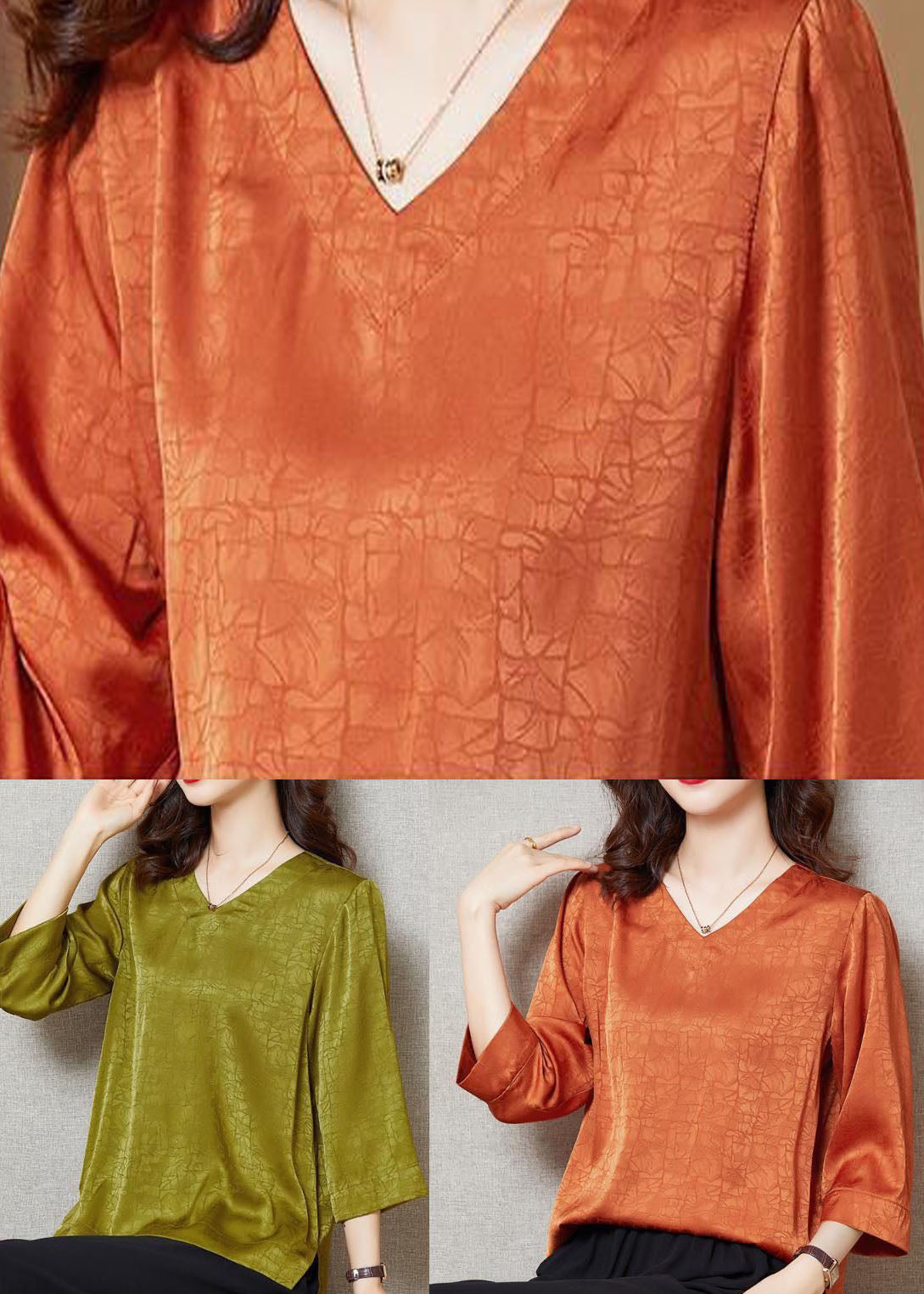 Art Yellow V Neck Patchwork Silk Blouse Top Bracelet Sleeve LY4598 - fabuloryshop