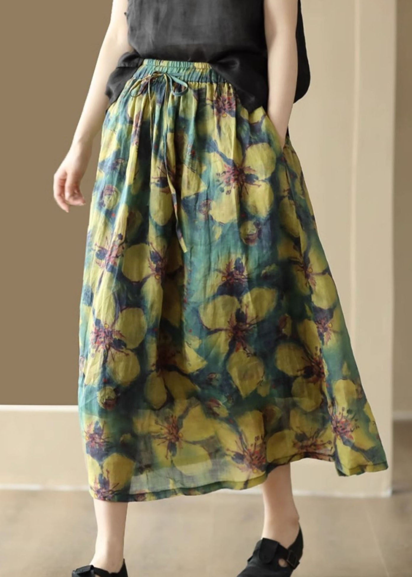 Art Yellow Wrinkled Pockets Patchwork Linen Skirts Summer Ada Fashion