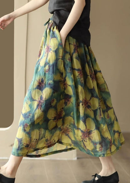 Art Yellow Wrinkled Pockets Patchwork Linen Skirts Summer Ada Fashion