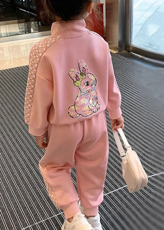 Autumn 2023 New Kids Girls Pink Sport Warm Fleece Two Piece Set Ada Fashion