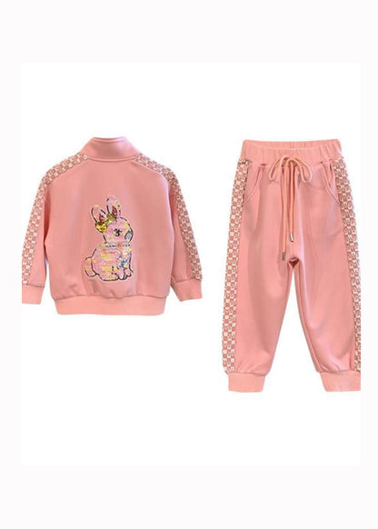 Autumn 2023 New Kids Girls Pink Sport Warm Fleece Two Piece Set Ada Fashion