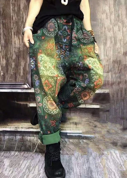 Autumn New Bohemian Green Print Denim Harlan Pants Ada Fashion