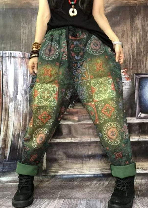 Autumn New Bohemian Green Print Denim Harlan Pants Ada Fashion