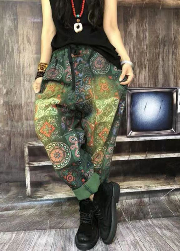 Autumn New Bohemian Green Print Denim Harlan Pants Ada Fashion