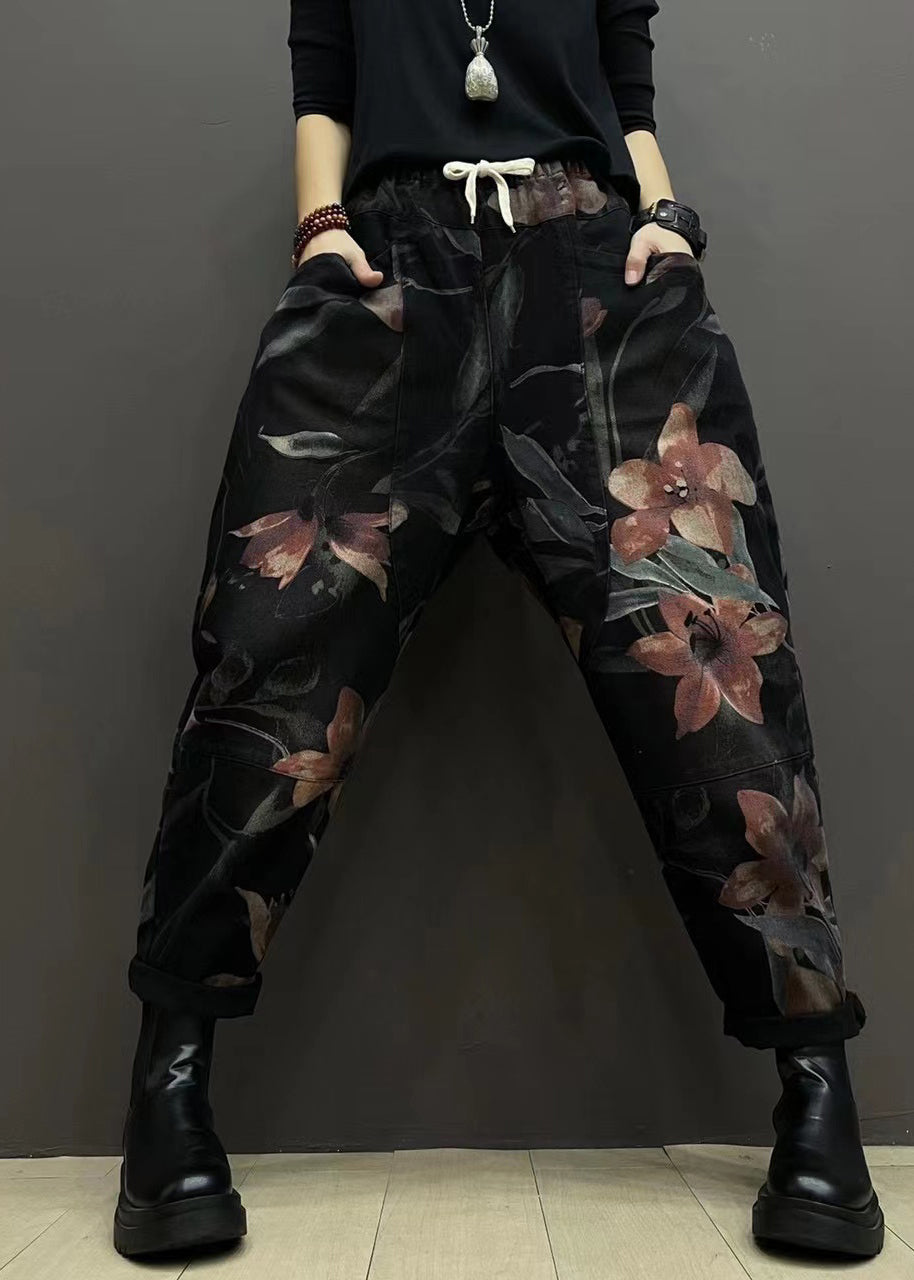 Autumn New Printed Denim Elastic Waist Harlan Pants Ada Fashion