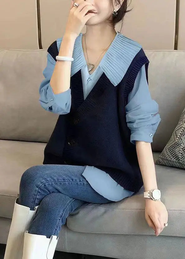 Autumn New Shirt Top And Knitted Vest Two Piece Fashion Loose Ada Fashion