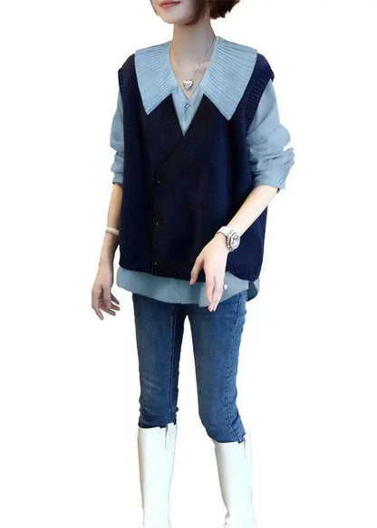 Autumn New Shirt Top And Knitted Vest Two Piece Fashion Loose Ada Fashion