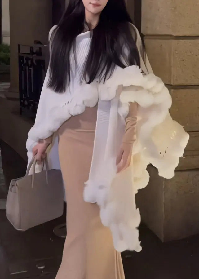 Autumn White Fur Spliced Knitted Shawl Coat Ada Fashion