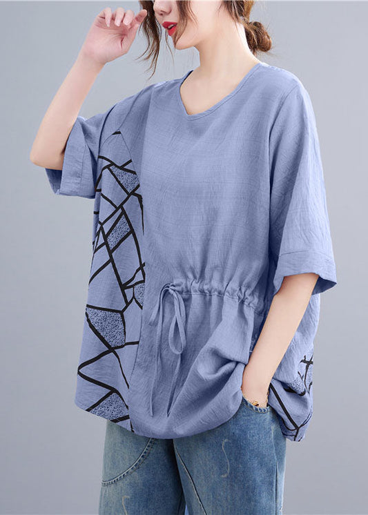 Baby Blue Print Patchwork Cotton T Shirt Tops O Neck Summer LY5270 - fabuloryshop